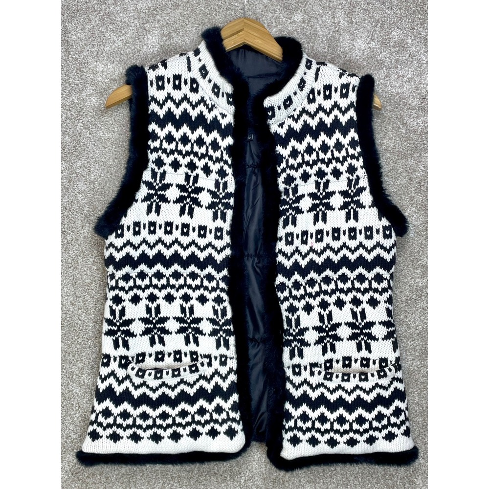 Talbots Fair Isle Faux Fur Trim Puffer Knit Vest Womens Small Black White Nordic